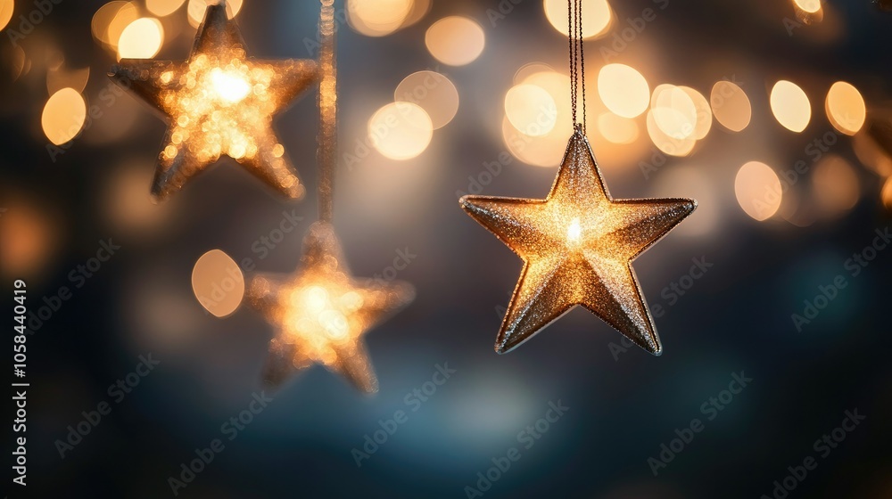 Golden stars softly lighting up a dark space, perfect as a festive and classy holiday background. Golden stars softly lighting up a dark space, perfect as a festive and classy holiday background.