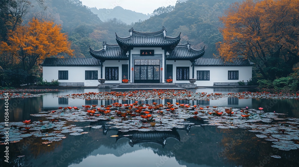 Obraz premium Traditional Chinese Architecture, Hui Style with White Buildings, Trees, and Minimalist Design, Perfect for Car Advertisements with Light and Shadow Effects