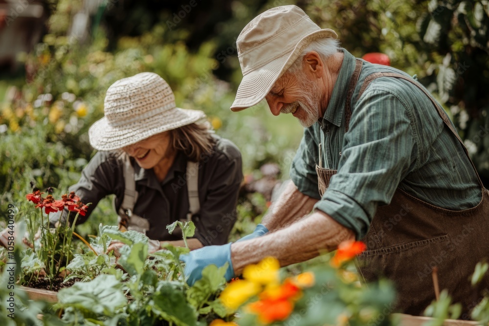 Two happy gardeners working together in a vibrant garden. They plant flowers and enjoy nature. The sun shines bright. A perfect moment of joy and growth. Generative AI Two happy gardeners working together in a vibrant garden. They plant flowers and enjoy nature. The sun shines bright. A perfect moment of joy and growth. Generative AI