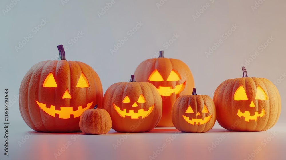 Group of Halloween pumpkins in various sizes, featuring traditional jack-o'-lantern carvings on a plain white background, well-lit and centered Group of Halloween pumpkins in various sizes, featuring traditional jack-o'-lantern carvings on a plain white background, well-lit and centered