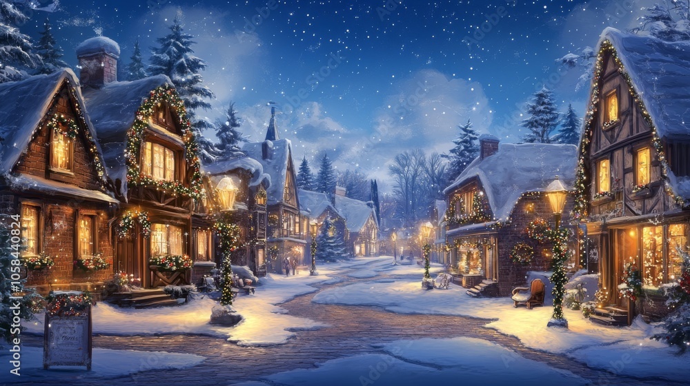 Fototapeta premium Winter Wonderland Village with Snow and Holiday Lights