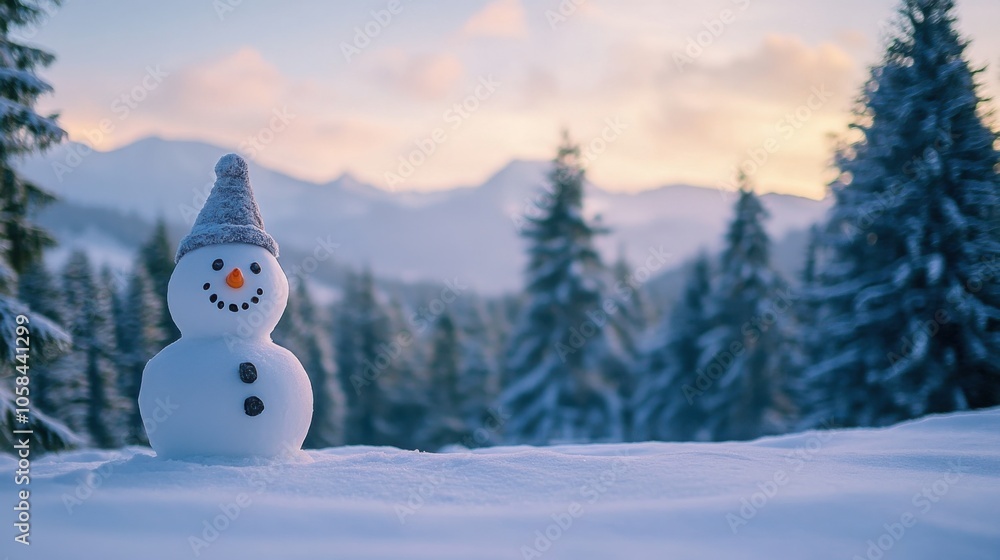 Obraz premium A snowman built at the edge of a forest, with tall trees and the distant silhouette of mountains, and space on the right for text.