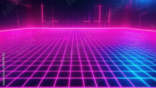 80s neon retro grid background with vibrant pink and blue hues, perfect for synthwave and vaporwave aesthetics, ideal for digital and graphic design