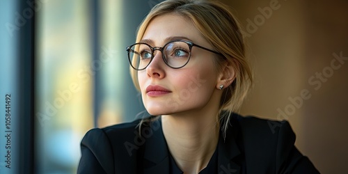 A determined businesswoman is intently looking away during a meeting in a corporate boardroom, showcasing her focus and engagement in the discussion.