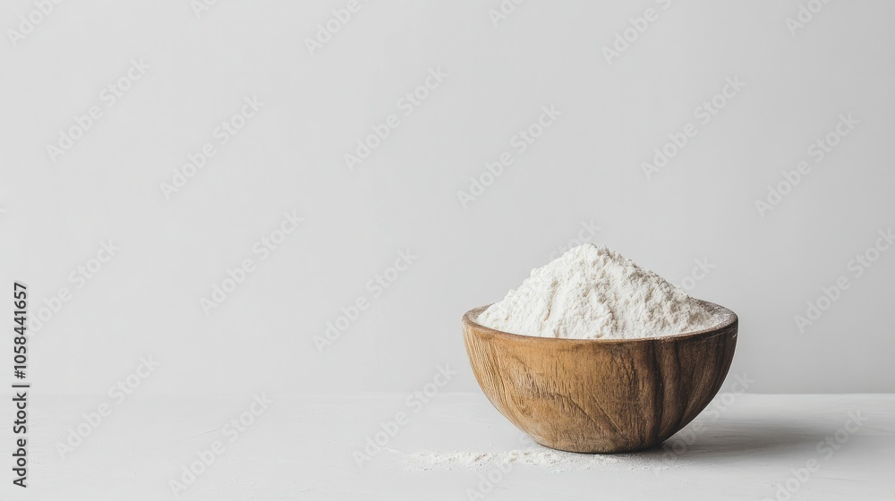 Heaping bowl of white flour in a rustic wooden bowl, on a white background, showcasing a clean, pure baking ingredient Heaping bowl of white flour in a rustic wooden bowl, on a white background, showcasing a clean, pure baking ingredient