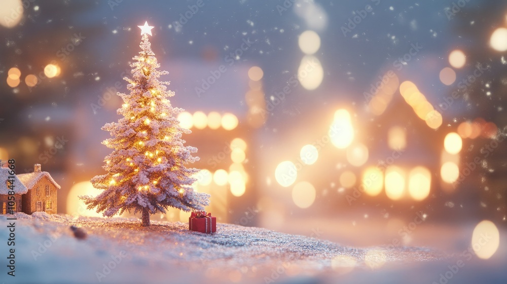 Holiday backdrop with snow-frosted Christmas tree, glowing lights, and a cozy winter blurred scene. Holiday backdrop with snow-frosted Christmas tree, glowing lights, and a cozy winter blurred scene.