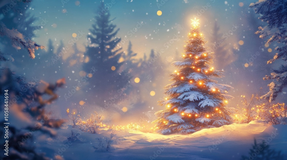 Fototapeta premium Holiday backdrop with snow-frosted Christmas tree, glowing lights, and a cozy winter blurred scene.