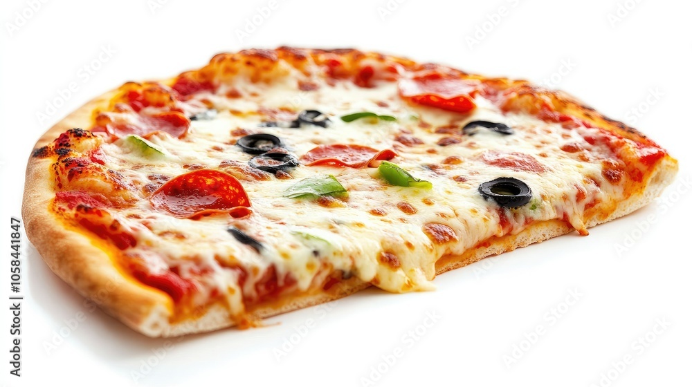 Italian pizza slice oozing with cheese, with vibrant toppings and a thin crust, set against a white background for a tempting look Italian pizza slice oozing with cheese, with vibrant toppings and a thin crust, set against a white background for a tempting look