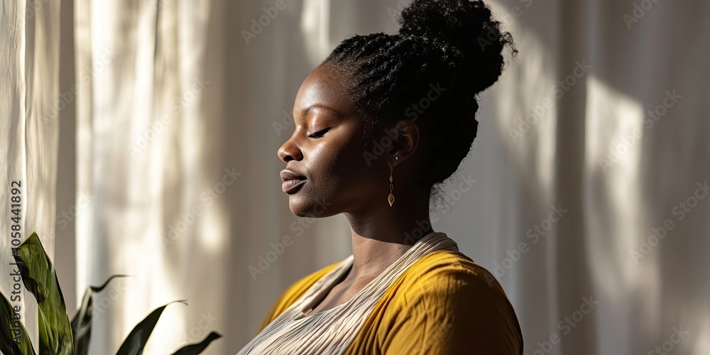A Black woman who is pregnant is gazing downward while placing her hands gently on her belly, symbolizing her nurturing connection with her unborn child. A Black woman who is pregnant is gazing downward while placing her hands gently on her belly, symbolizing her nurturing connection with her unborn child.