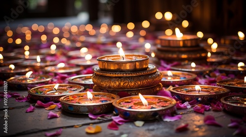 Decorative oil lamps glowing surrounded by flower petals during a festive evening celebration photo