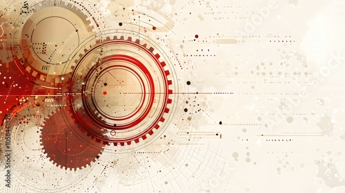 Vintage abstract background with crimson gear wheels and circles line overlapping on retro beige backdrop.