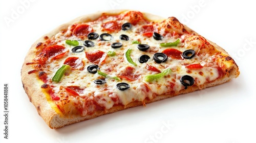 Italian pizza slice oozing with cheese, with vibrant toppings and a thin crust, set against a white background for a tempting look