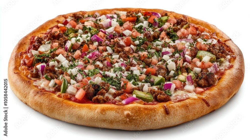 Italian pizza topped with fresh vegetables and cheese, set on a white background to highlight bright colors and crisp details Italian pizza topped with fresh vegetables and cheese, set on a white background to highlight bright colors and crisp details