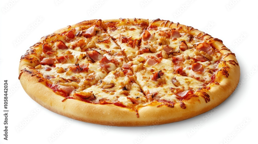 Italian pizza with melted cheese and fresh toppings, isolated on a white background, capturing its golden, crispy crust and savory look Italian pizza with melted cheese and fresh toppings, isolated on a white background, capturing its golden, crispy crust and savory look