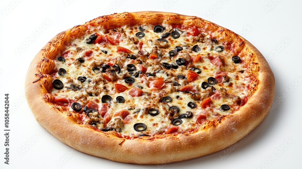 Italian-style pizza with stretchy cheese, vibrant toppings, and a rustic look on a plain white background, inviting and appetizing Italian-style pizza with stretchy cheese, vibrant toppings, and a rustic look on a plain white background, inviting and appetizing