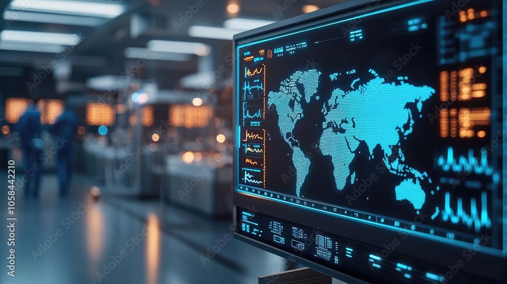 Computer monitor displaying world map and data in a modern workspace. Computer monitor displaying world map and data in a modern workspace.