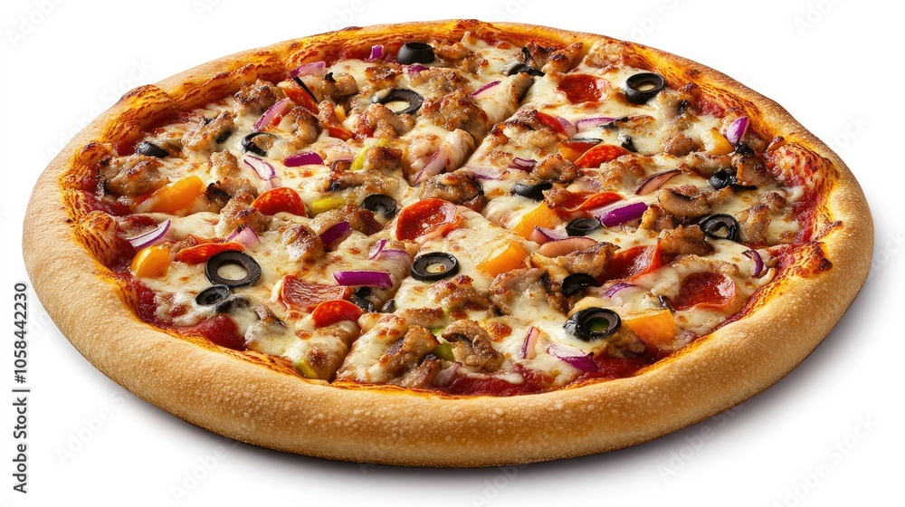 Italian-style pizza with stretchy cheese, vibrant toppings, and a rustic look on a plain white background, inviting and appetizing Italian-style pizza with stretchy cheese, vibrant toppings, and a rustic look on a plain white background, inviting and appetizing