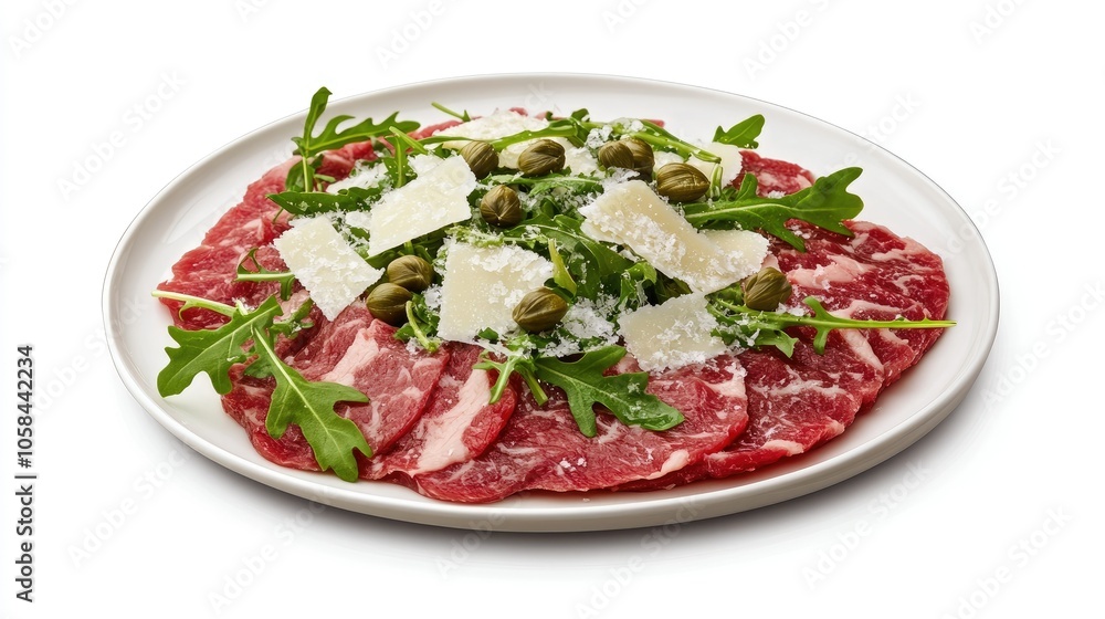 A plate of Italian beef carpaccio topped with shaved parmesan, capers, and arugula. The vibrant colors of the dish pop against the white background. Perfect for food promotions. A plate of Italian beef carpaccio topped with shaved parmesan, capers, and arugula. The vibrant colors of the dish pop against the white background. Perfect for food promotions.