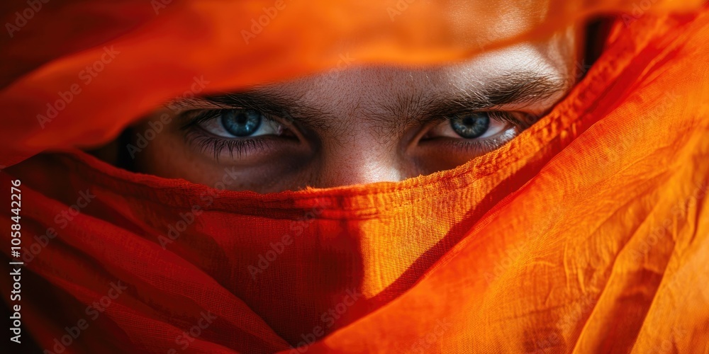 A persons face is partially hidden by an orange mask, creating an intriguing visual of a man whose features are only partly visible due to the bright orange covering. A persons face is partially hidden by an orange mask, creating an intriguing visual of a man whose features are only partly visible due to the bright orange covering.