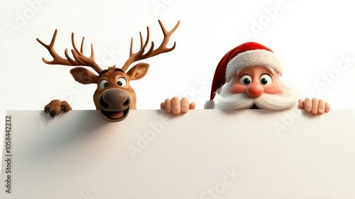 Jolly Santa and reindeer peeking over the top of a sign, Santa holding his beard and the reindeer looking curious, on a white background