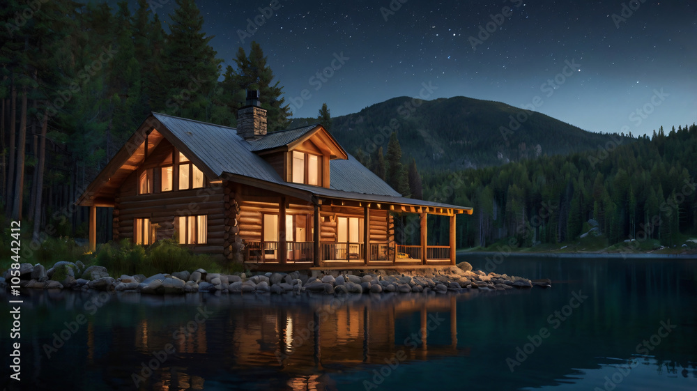 Fototapeta premium Mountain retreat cabin by lakeside surrounded by green trees