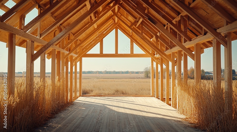 Fototapeta premium An unfinished wooden structure with a view of a field.