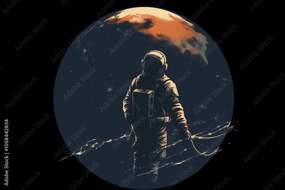 An astronaut floats in the vastness of space, tethered to a spacecraft An astronaut floats in the vastness of space, tethered to a spacecraft