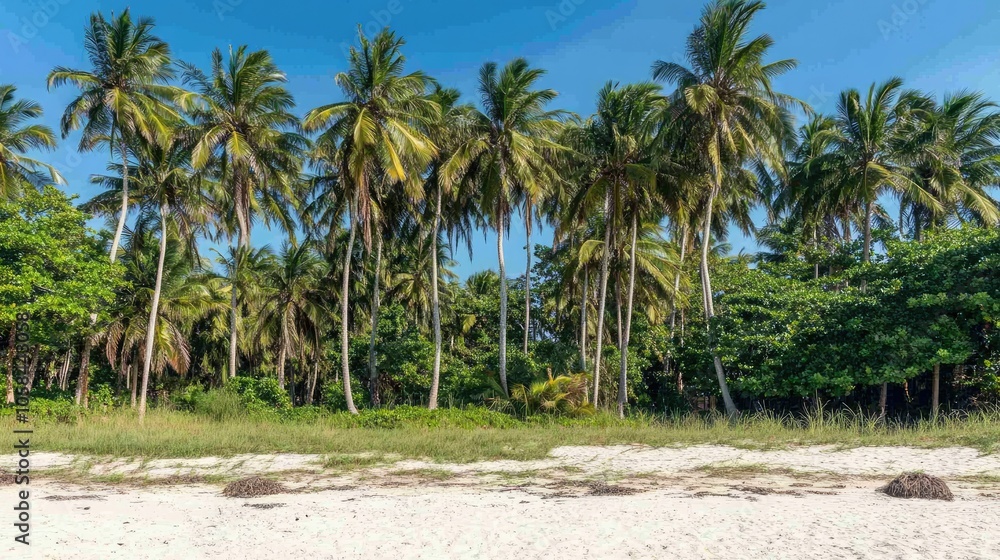 Panoramic view of white sandy beach with tall coconut palms, vibrant tropical paradise for tourism and travel. Panoramic view of white sandy beach with tall coconut palms, vibrant tropical paradise for tourism and travel.