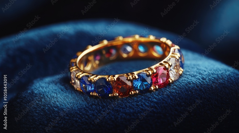 A gold ring adorned with gems sparkles against a deep blue velvet background, showcasing its elegance and timeless luxury. A gold ring adorned with gems sparkles against a deep blue velvet background, showcasing its elegance and timeless luxury.