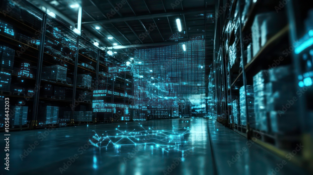 Obraz premium In a logistics center, supply chain network diagram is projected holographically with dynamic and dramatic compositions, including stock copy