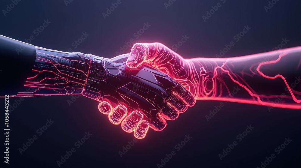 Futuristic handshake between robotic and human hands on a dark background. Futuristic handshake between robotic and human hands on a dark background.