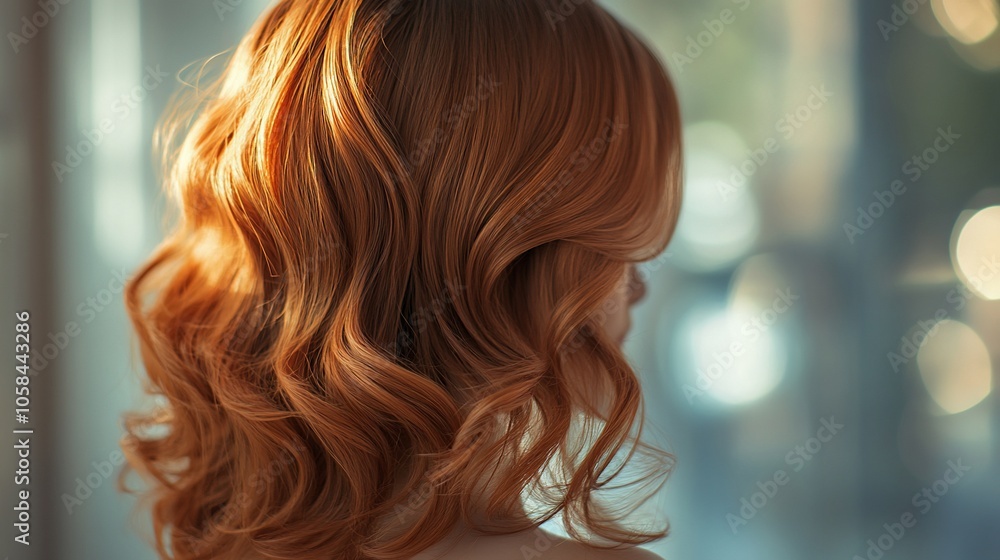 Back view of a woman with long, wavy, red hair. The hair is styled in loose curls and falls to her shoulders. The background is blurred and out of focus, suggesting a soft, romantic mood. Back view of a woman with long, wavy, red hair. The hair is styled in loose curls and falls to her shoulders. The background is blurred and out of focus, suggesting a soft, romantic mood.