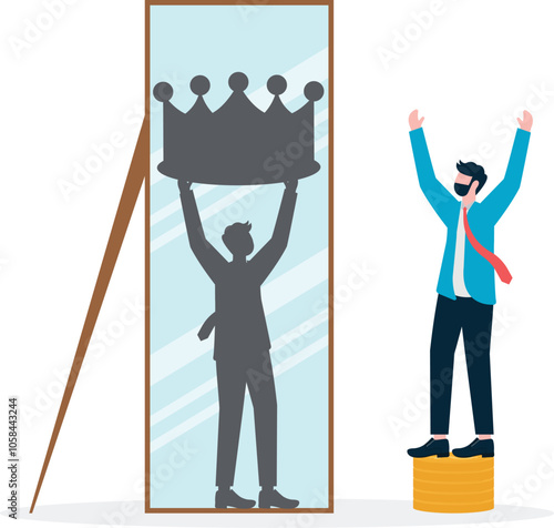 Businessman standing on a pile of gold coins cheering and looking at himself in the mirror wearing a crown

