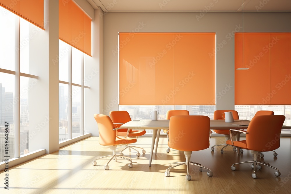 Fototapeta premium Bright and modern conference room with orange blinds and cozy seating for productive meetings