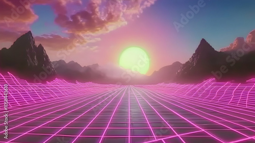 Retro futuristic landscape with a glowing grid pattern and mountains at sunset.