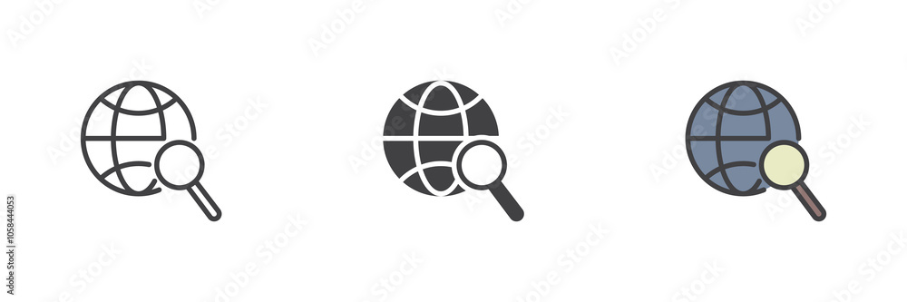 Globe and magnifier different style icon set Globe and magnifier different style icon set