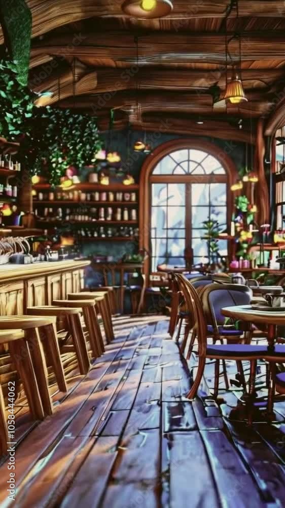 Cozy caf? interior with wooden decor, plants, and soft lighting for relaxation and socializing. Cozy caf? interior with wooden decor, plants, and soft lighting for relaxation and socializing.