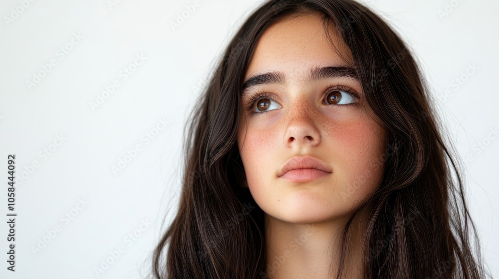 Portrait of a girl with long, unbrushed dark hair gazing ahead against a clean white background. The girls expression and hair create a captivating focal point with ample copy space. Portrait of a girl with long, unbrushed dark hair gazing ahead against a clean white background. The girls expression and hair create a captivating focal point with ample copy space.