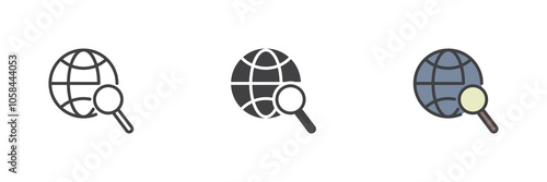 Globe and magnifier different style icon set