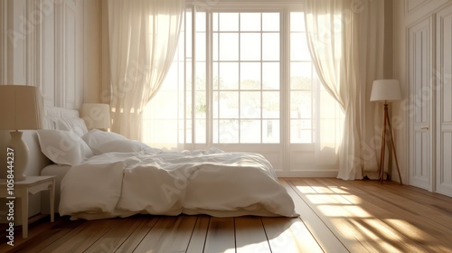 A serene bedroom with natural light and soft furnishings, creating a calming atmosphere.