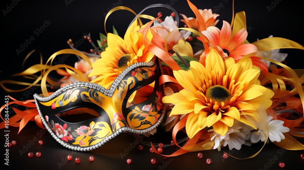 Colorful mask surrounded by vibrant flowers and ribbons on a dark background Colorful mask surrounded by vibrant flowers and ribbons on a dark background