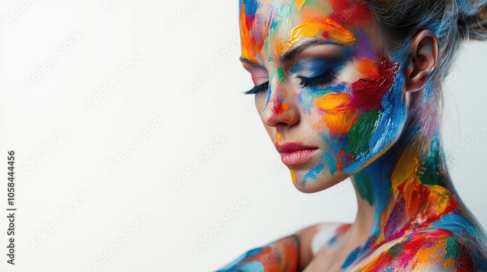 Obraz premium Vibrant body art adorns a womans form, capturing the essence of creativity and expression through paint. This high-quality photo highlights the intricate details of body art, with ample copy space.