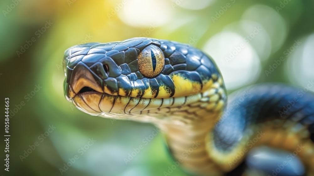 A snake with a yellow and black head is shown in a green forest A snake with a yellow and black head is shown in a green forest