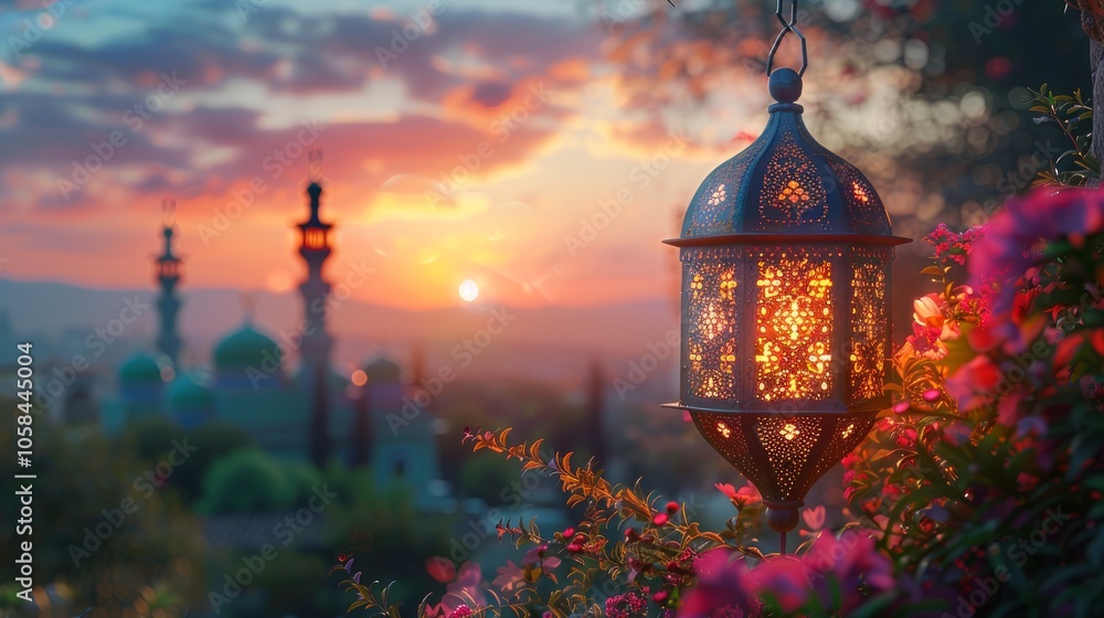 An ornate, glowing lantern hangs from a branch of a flowering bush in the foreground, with the silhouette of a mosque and a beautiful sunset in the background. An ornate, glowing lantern hangs from a branch of a flowering bush in the foreground, with the silhouette of a mosque and a beautiful sunset in the background.