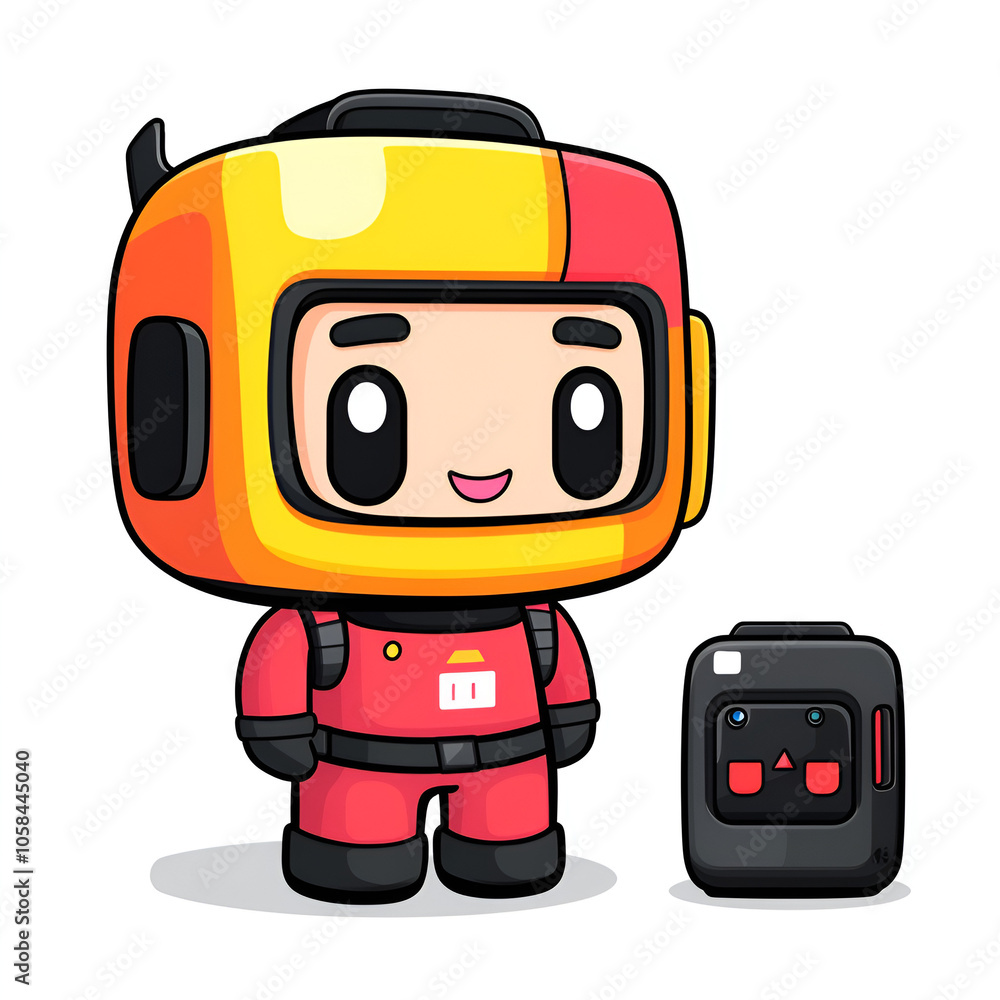 A cheerful cartoon character in a diving suit stands next to a friendly robot in a colorful design against a plain background A cheerful cartoon character in a diving suit stands next to a friendly robot in a colorful design against a plain background