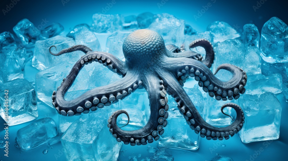 Obraz premium A vibrant ocean octopus resting on a bed of ice cubes under soft blue lighting