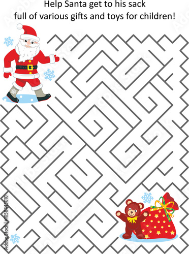 Maze game or activity page for kid. Help Santa find the way to his sack with gifts for children.
