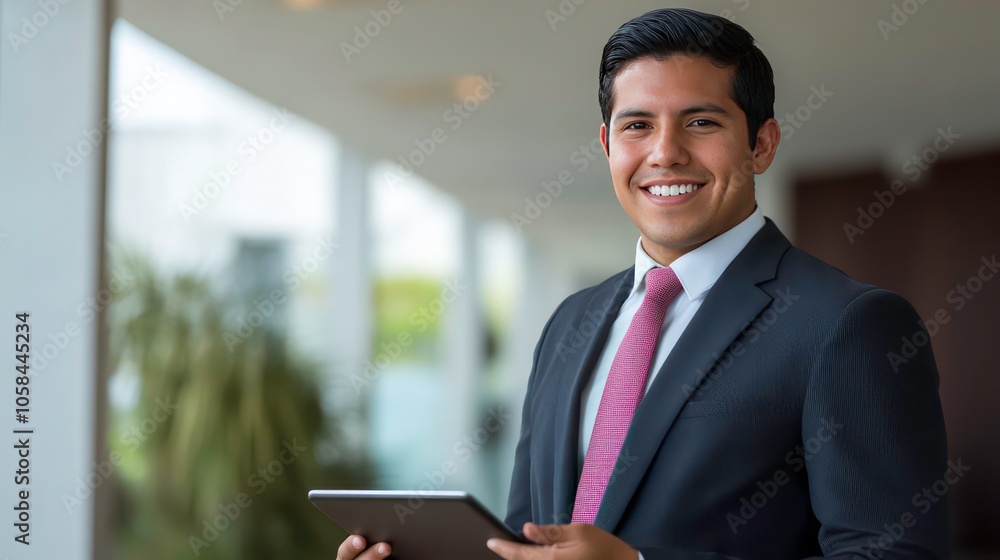 A smiling businessman in a suit holding a tablet in a busy airport environment. A smiling businessman in a suit holding a tablet in a busy airport environment.