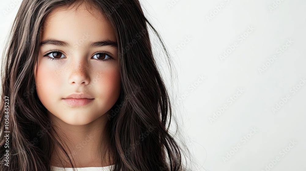 Portrait of a girl with long, unbrushed dark hair gazing ahead against a clean white background. The girls expression and hair create a captivating focal point with ample copy space. Portrait of a girl with long, unbrushed dark hair gazing ahead against a clean white background. The girls expression and hair create a captivating focal point with ample copy space.