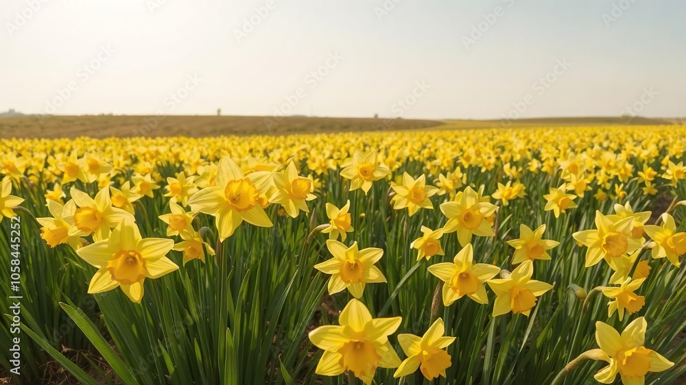 Vibrant daffodil flowers blooming in a vast field under the sunny sky, sunny, vibrant Vibrant daffodil flowers blooming in a vast field under the sunny sky, sunny, vibrant